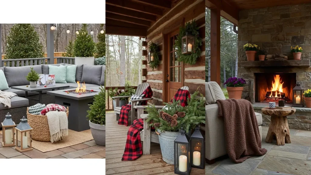 Cozy winter patio with fire pit, wool blankets, lanterns, and festive winter greens for outdoor comfort.