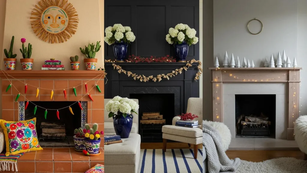 Three elegant mantelpiece decorations showcasing seasonal symmetry, string lights, and layered textures.