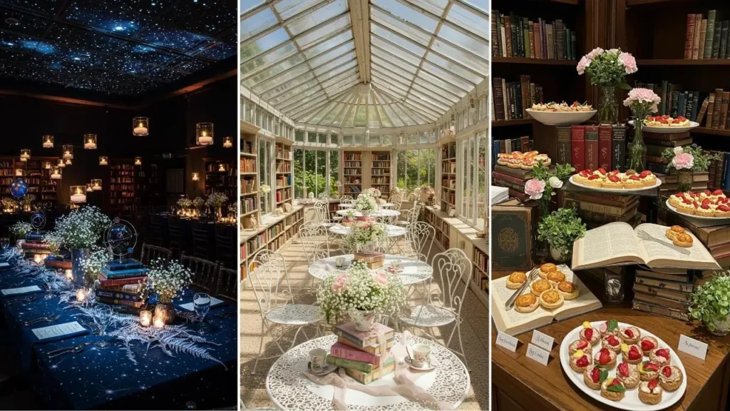 Birthday celebration in an enchanted library, featuring vintage bookstacks, floral arrangements, and dessert displays.