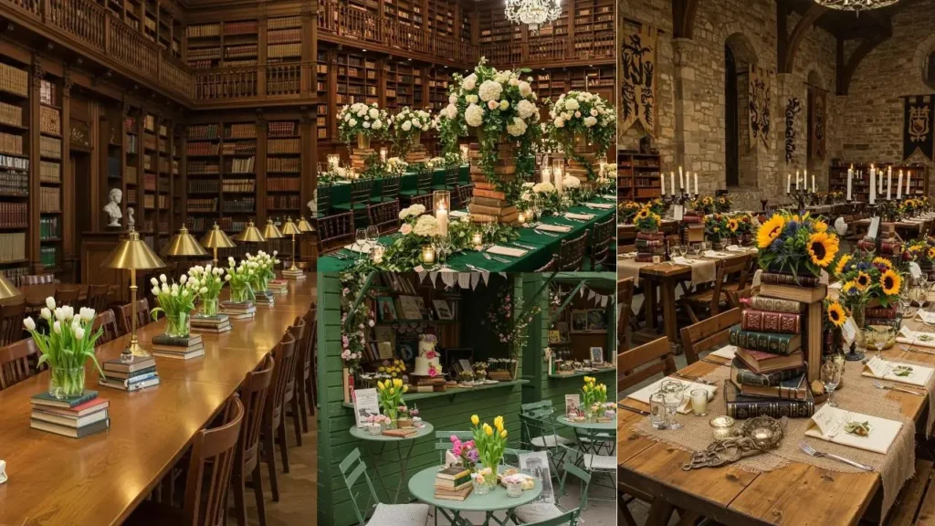 Enchanted library decor with vintage books and elegant floral bookstack centerpieces for a party.