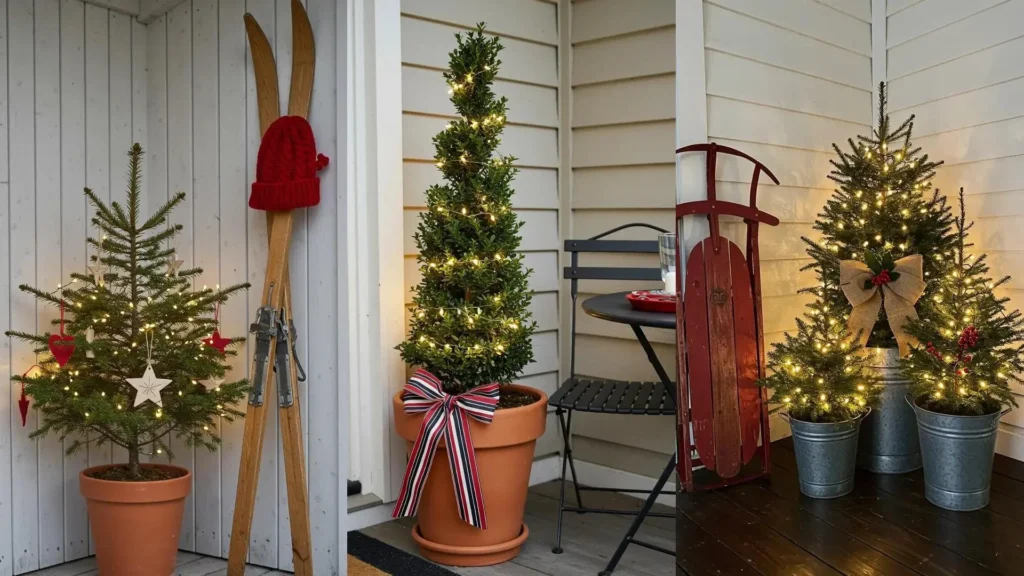 Holiday porch corners showcasing mini trees with twinkle lights, red accents, skis, and a sled for festive decor.