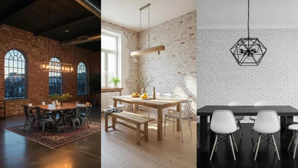 Three industrial loft dining spaces featuring exposed brick walls and various Edison bulb chandeliers.