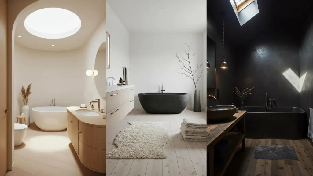 Three Japandi bathroom retreats blending Scandinavian simplicity and Japanese craftsmanship with natural wood, stone, and clean lines.
