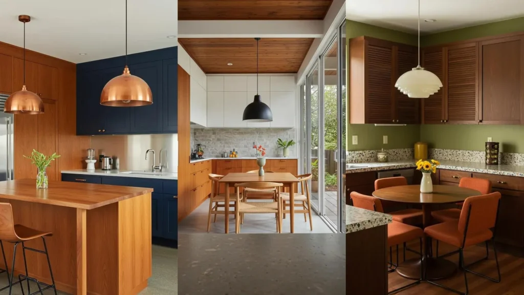 Three mid-century modern kitchens featuring teak cabinetry, different statement pendant lights, and stylish design.