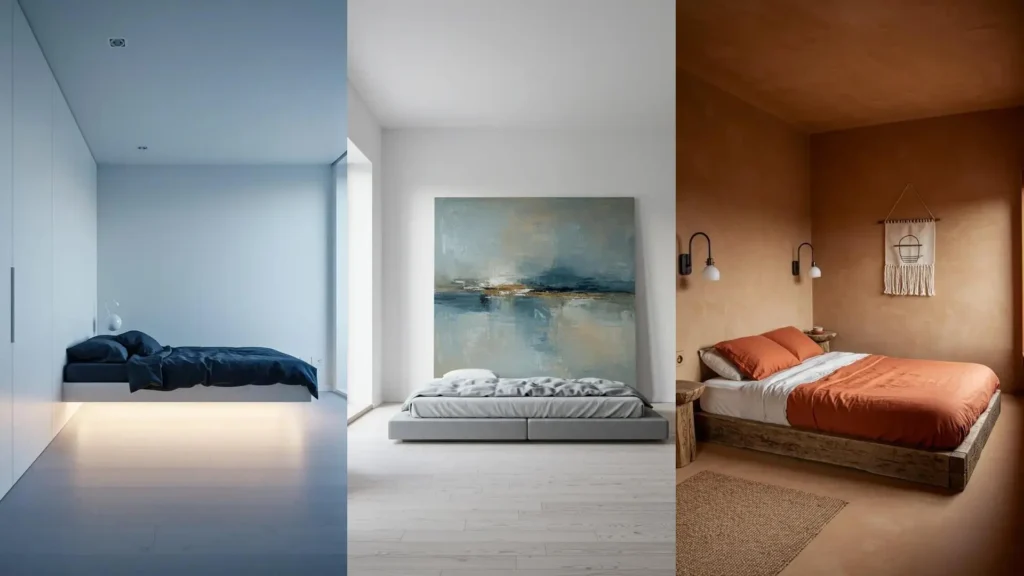 Collection of minimalist small bedrooms with low beds, showcasing clean lines and calming, muted color palettes.