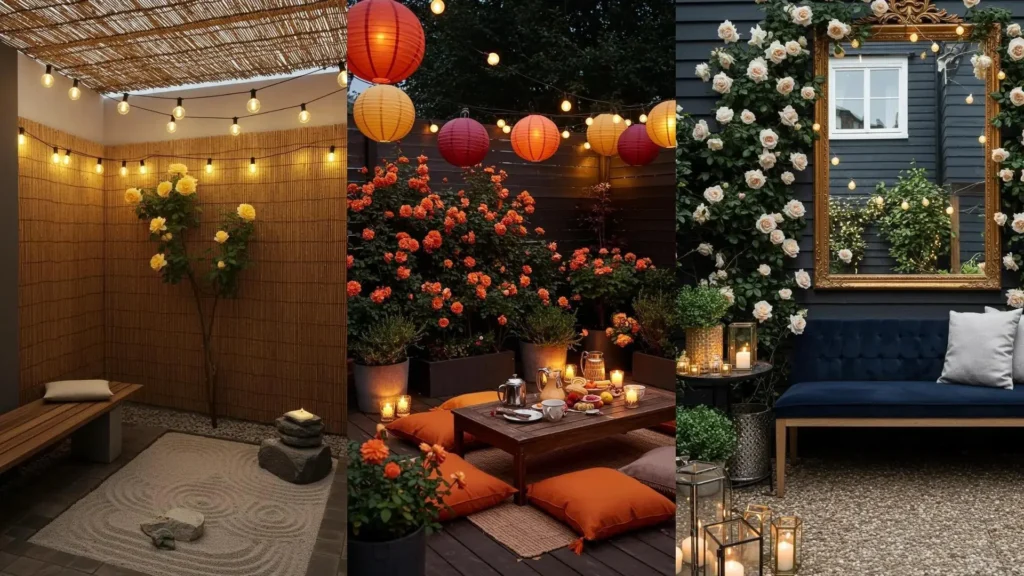 Romantic patio designs with lush rose walls and sparkling string lights, creating beautiful outdoor photo backdrops.