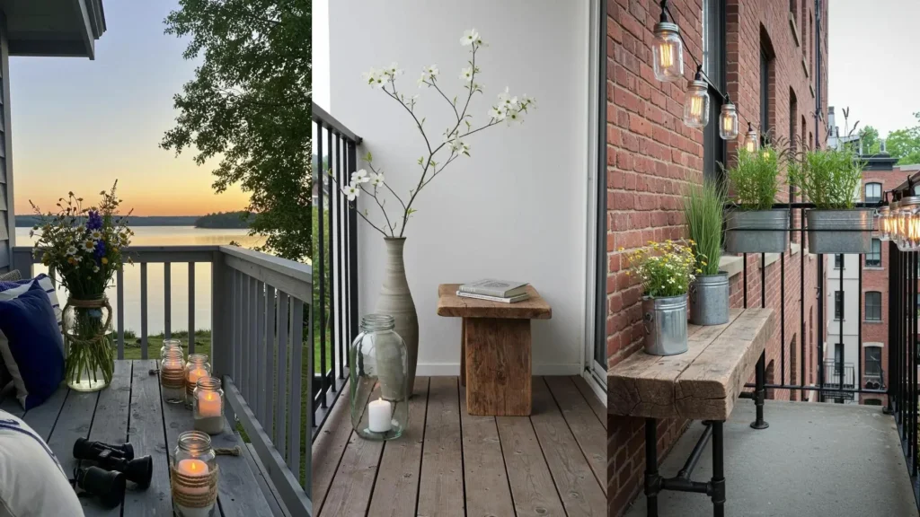 Rustic farmhouse balconies featuring weathered wood benches, mason jar lanterns, and wildflower bouquets.