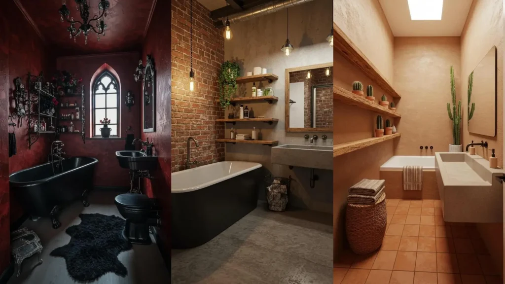 Three space-saving tiny bathroom layouts featuring wall-mounted sinks and open shelving, showing diverse styles.