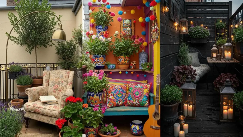 Three tiny terrace garden transformations with layered plants, glowing fairy lights, and charming vintage decor. Urban gardening inspiration.