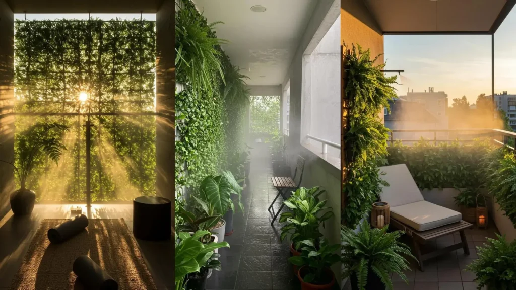 Urban rainforest balconies with lush fern fences, active misting systems, and a dark wood lounger at sunset.