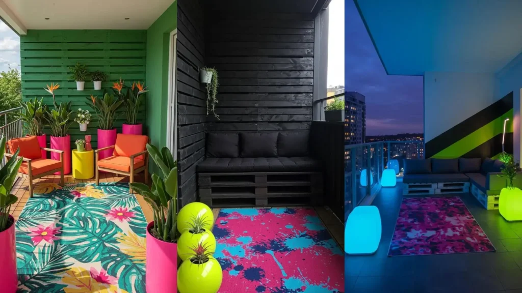 Collage of vibrant color-blocked balconies with bold outdoor rugs, painted pallet walls, and bright neon planters.