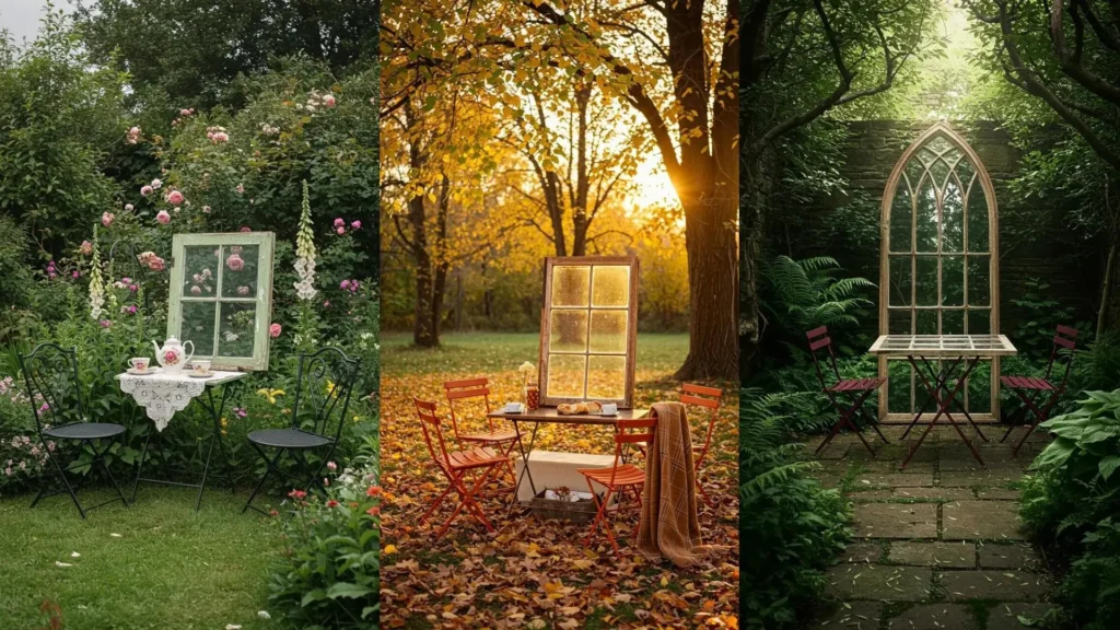 Vintage reclaimed window frame tables with folding bistro chairs in various garden settings.