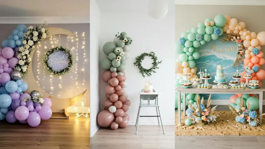 Whimsical pastel balloon garlands and floral wreaths adorn diverse baby's first birthday party scenes.