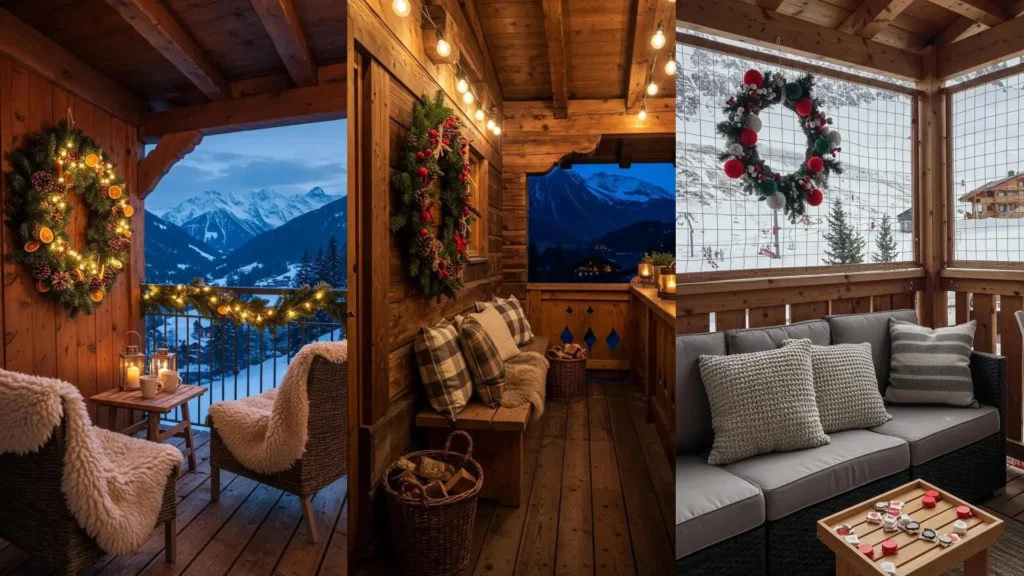 Cozy alpine-inspired balconies with warm wreaths, pine sprigs, and string lights overlooking snowy mountains.