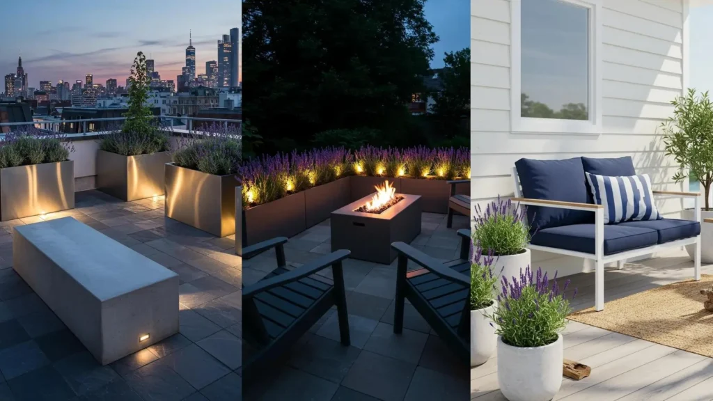 Stylish patio decor with sleek furniture and potted lavender for urban gardens.