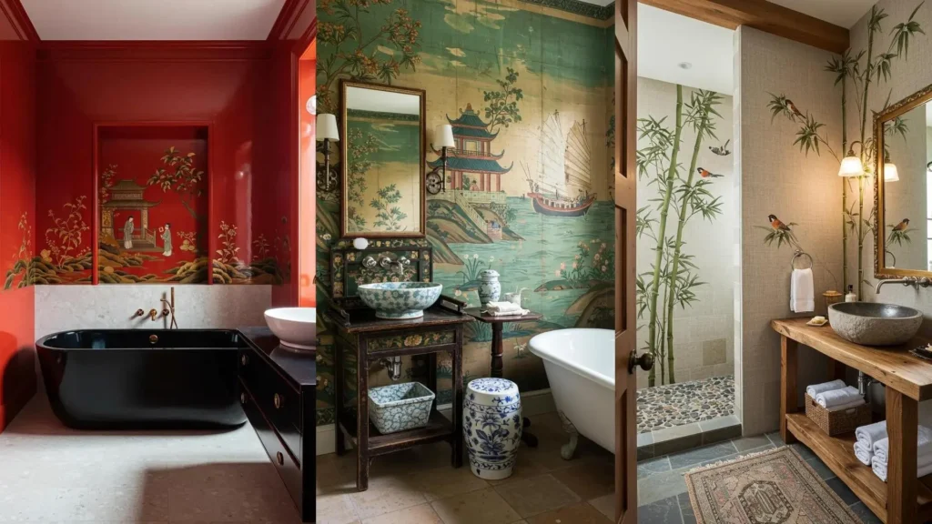 Three chinoiserie bathrooms with hand-painted murals and beautiful porcelain basins, showcasing elegant decor.