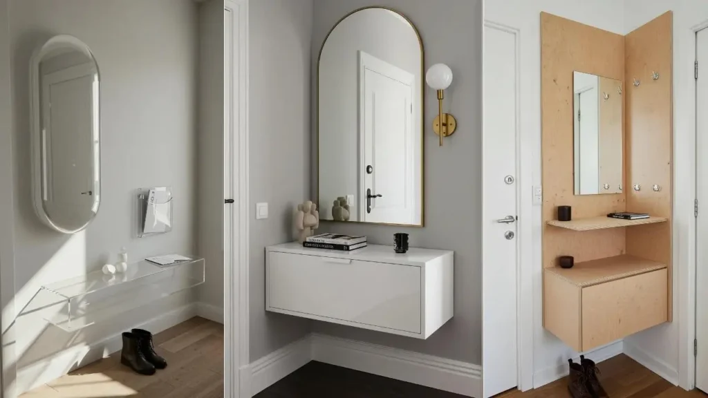 Three clever tiny entryways decorated with floating consoles, stylish mirrors, and smart hidden storage solutions.