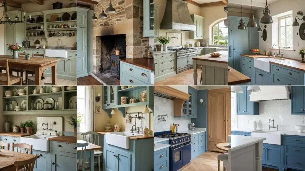 Rustic French country kitchens with soft blue cabinets & antique pewter fixtures.