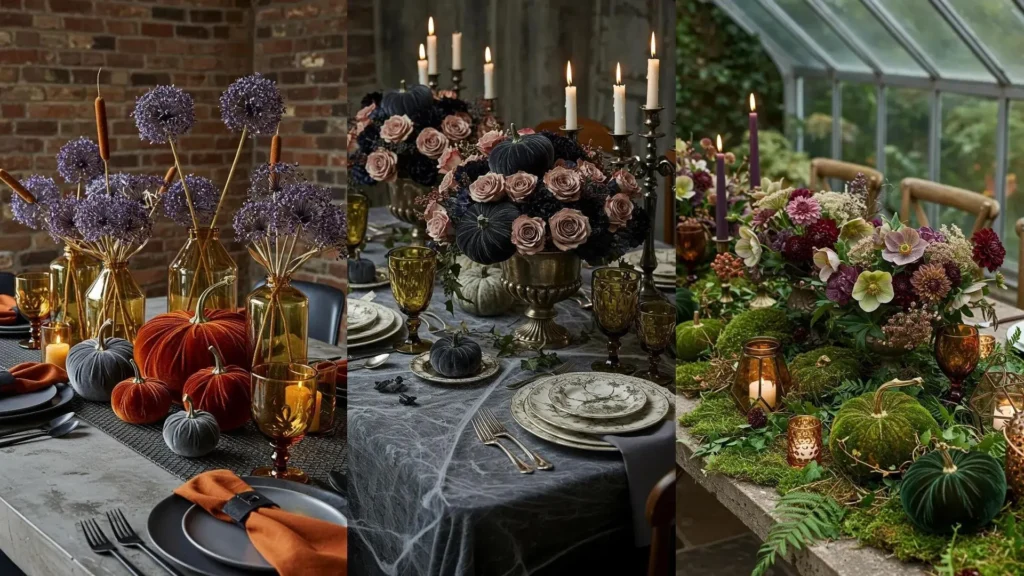 Elegant fall tablescapes with velvet pumpkins, amber glassware, and moody florals.