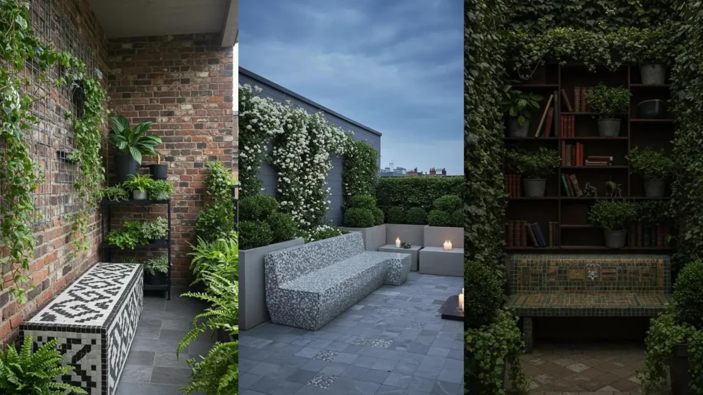 Elevated urban garden concepts with mosaic benches, tiered plant containers, and lush curtain plants cascading down walls.