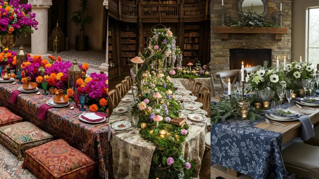 Three distinct floral tablescapes with overflowing centerpieces and layered botanical prints, ideal for party styling.
