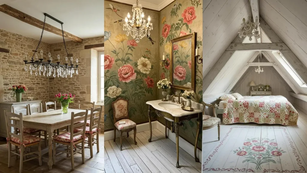 French country interiors featuring distressed wood furniture, floral fabrics, and elegant chandeliers.