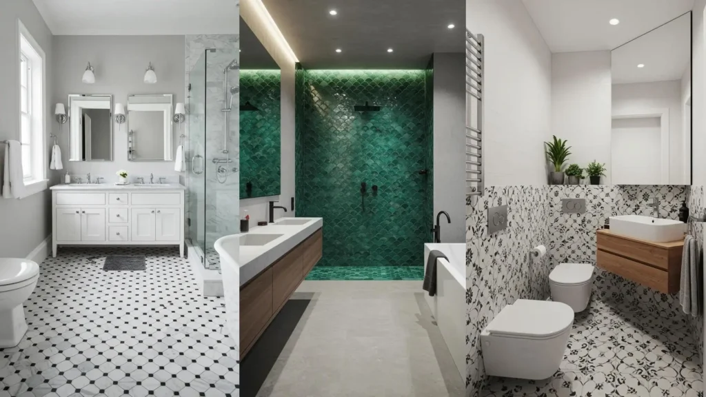 Graphic tile bathroom ideas: bold Moroccan patterns, green scales, and classic black & white, with dark grout details.