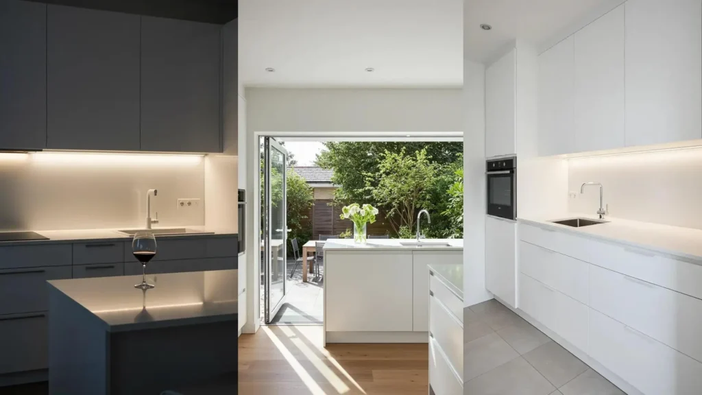 Modern minimalist all-white kitchen with sleek hidden handles and a high-gloss splashback.