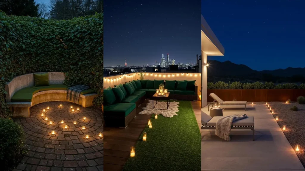 Three moonlit outdoor spaces featuring cozy seating, soft fabrics, and glowing tea light paths for inviting decor.