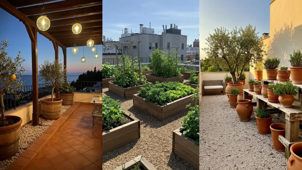 Nature-inspired urban garden with wooden raised beds, pebble paths, and leafy plants in terracotta pots.