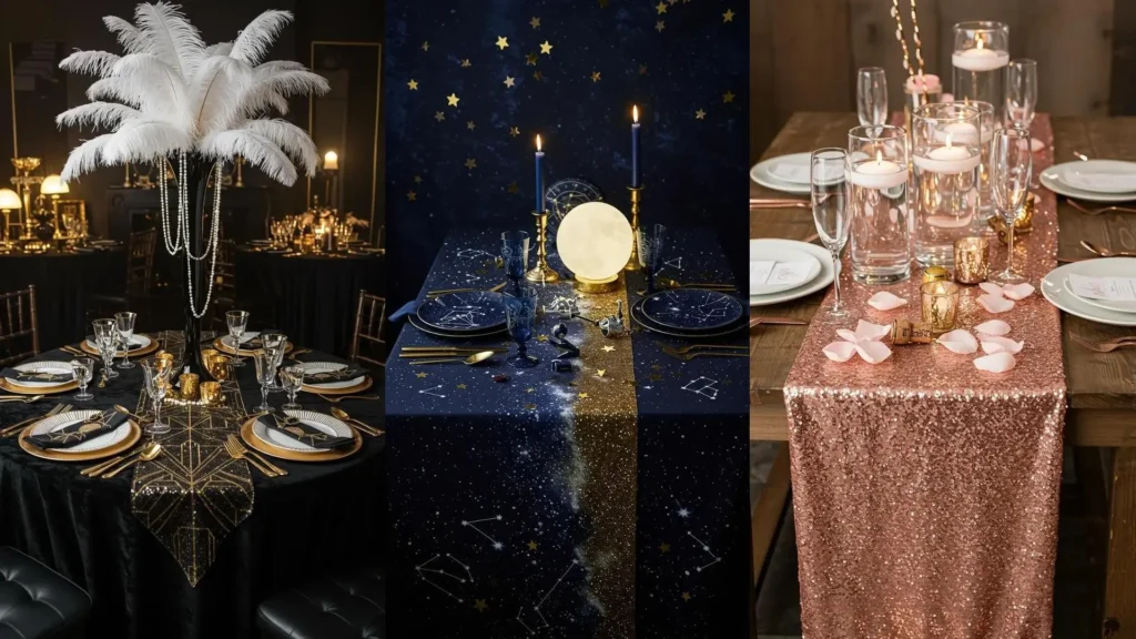 Diverse New Year's Eve table decor ideas with glittering runners, champagne flutes, and elegant centerpieces.
