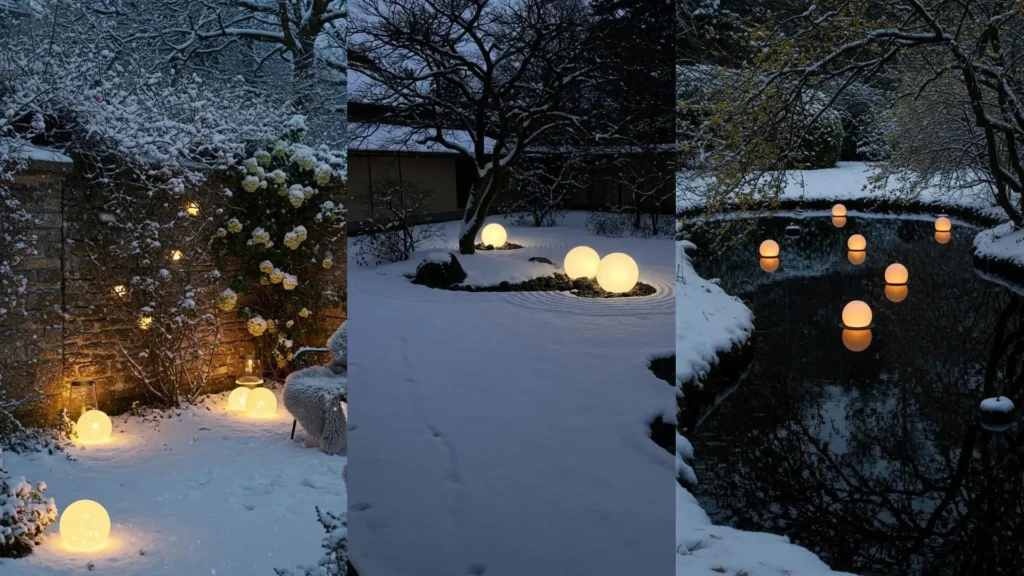 Serene snow garden featuring luminous orbs among bare branches and soft textures of snow.