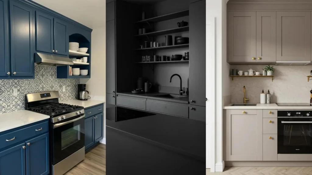 Small kitchen layouts showcasing open shelving, diverse cabinet finishes including matte, and compact appliances.