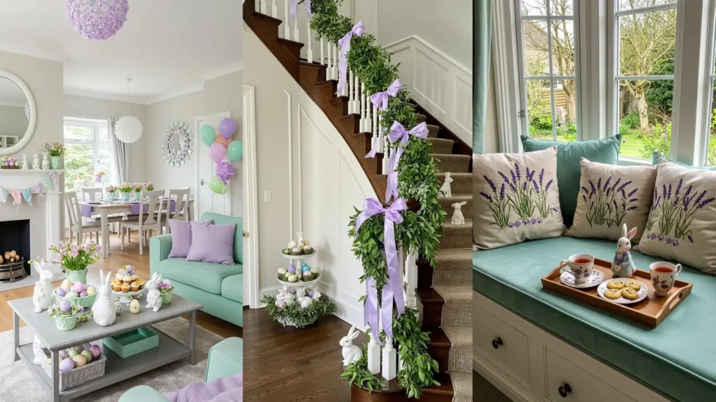 Soft lavender and mint Easter party decor with ceramic bunnies and delicate details throughout a cozy home.
