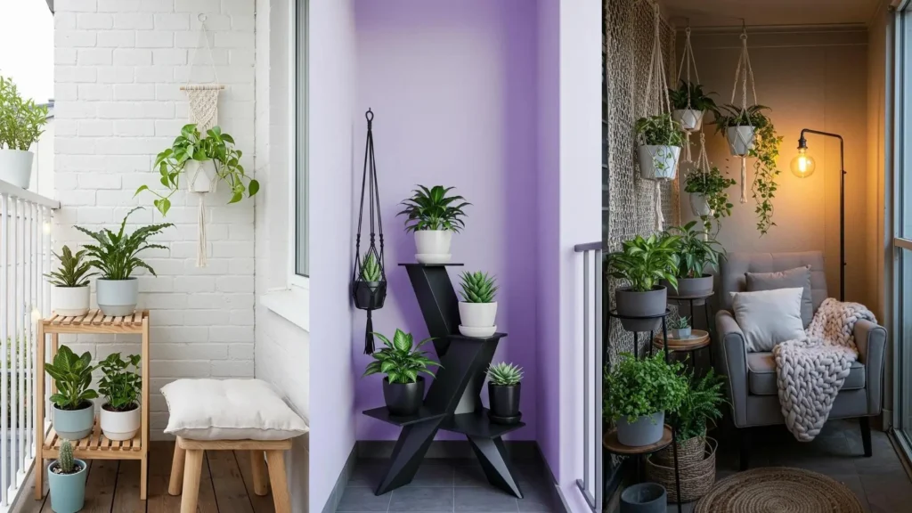 Three stylish city balcony corners with various tiered plant stands, macrame hangers, and soft pastel accents for urban gardening.