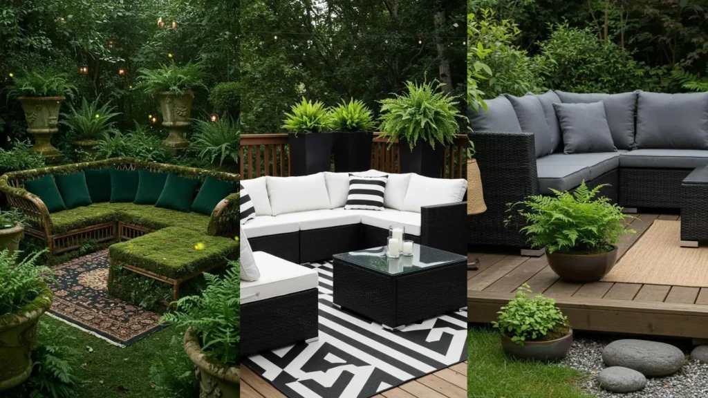 Three outdoor areas with weatherproof rattan sectionals, patterned outdoor rugs, and potted ferns.