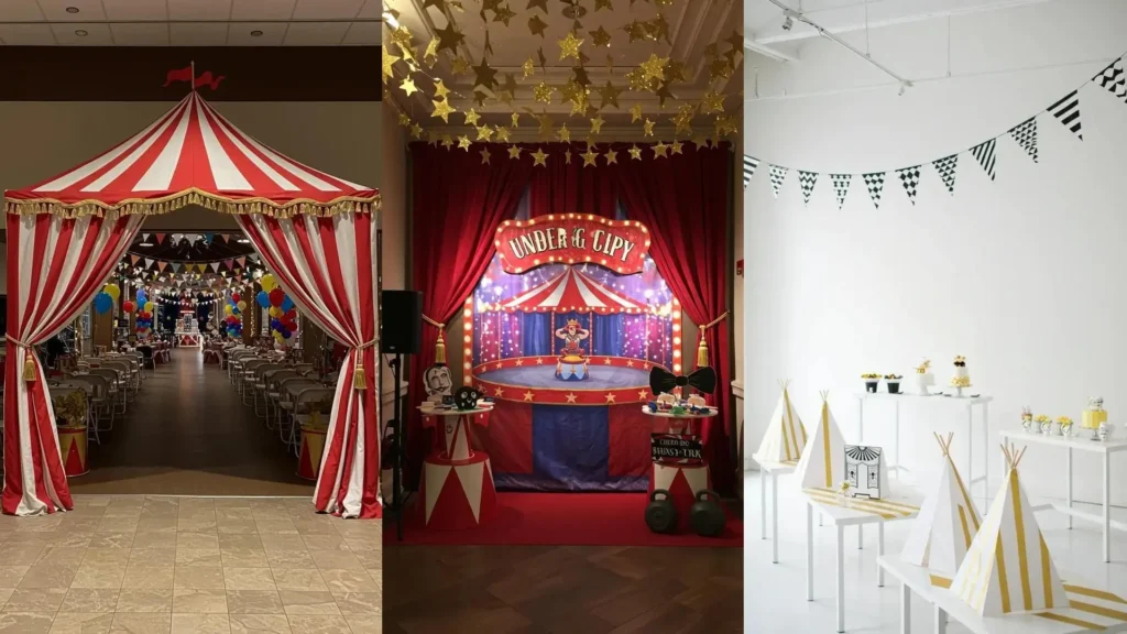 Whimsical circus-themed birthday decorations with red and white tents, mini tent centerpieces, and festive banners.