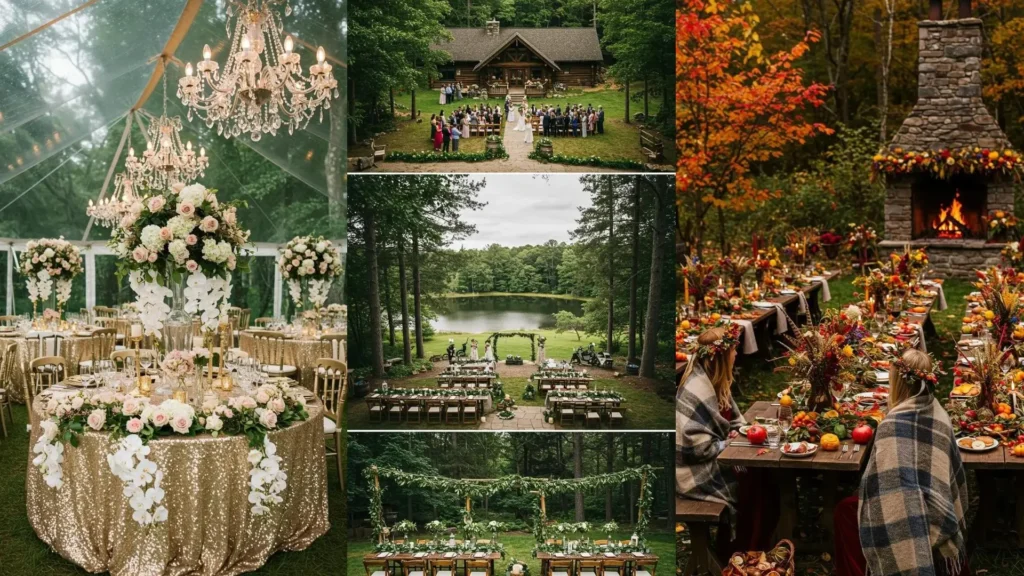 Whimsical woodland wedding party decorations featuring flower crowns and lush table garlands.