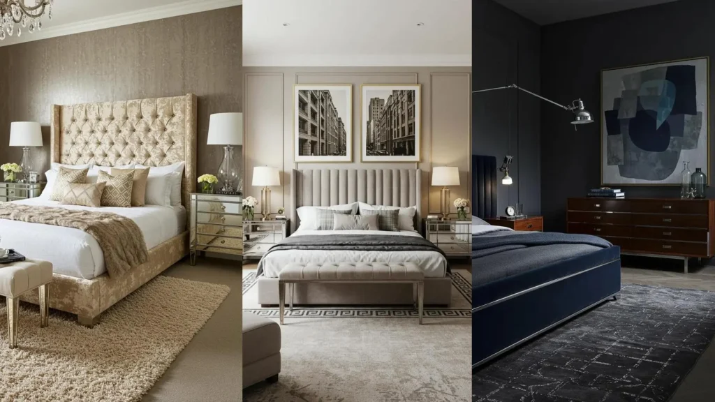Stunning Art Deco glam bedroom designs with plush velvet upholstery, mirrored surfaces, and chic geometric patterns.