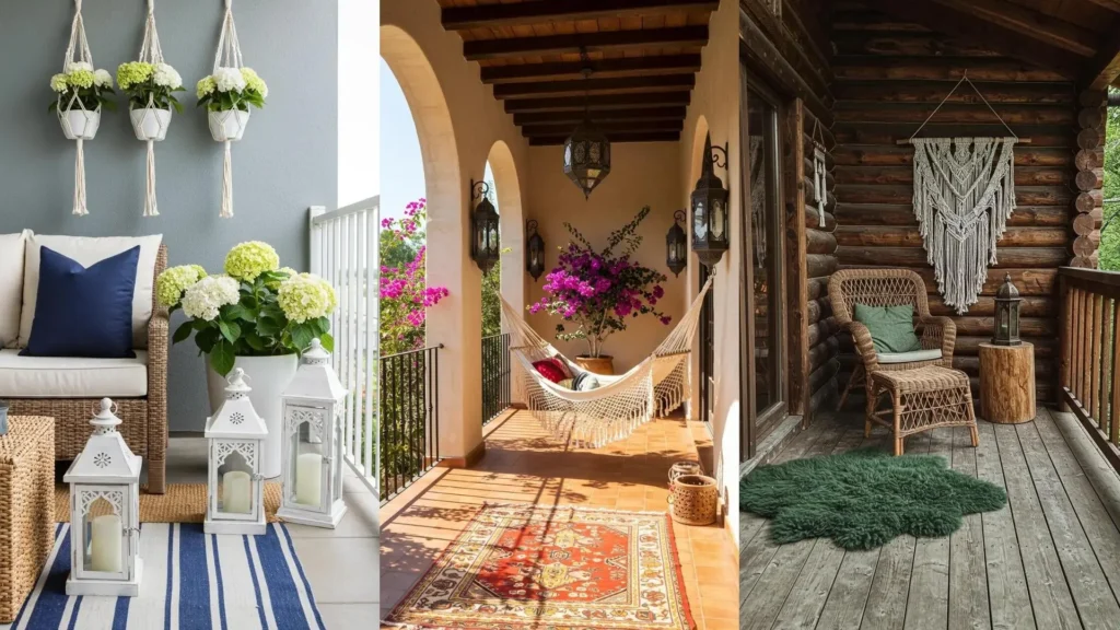 Three bohemian balcony designs featuring macrame hangers, a colorful kilim rug, and Moroccan lanterns for a cozy sanctuary.