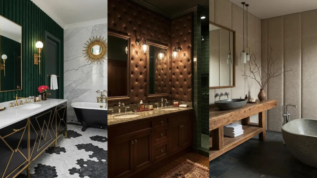 Boutique hotel bathrooms showcase velvet panels, including green ribbed and brown tufted, with customized vanities.