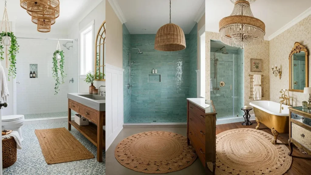 Coastal bohemian bathrooms with jute rugs, rattan ceiling lamps, and soft blue tiled showers.