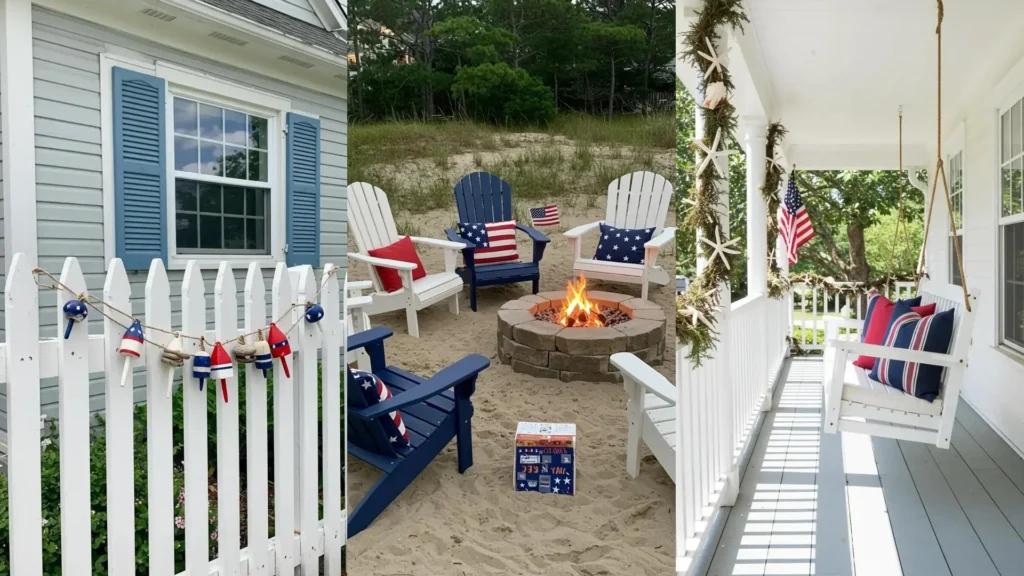 Coastal 4th of July decorations with a beach fire pit, starfish garland, and red, white, blue buoy accents.
