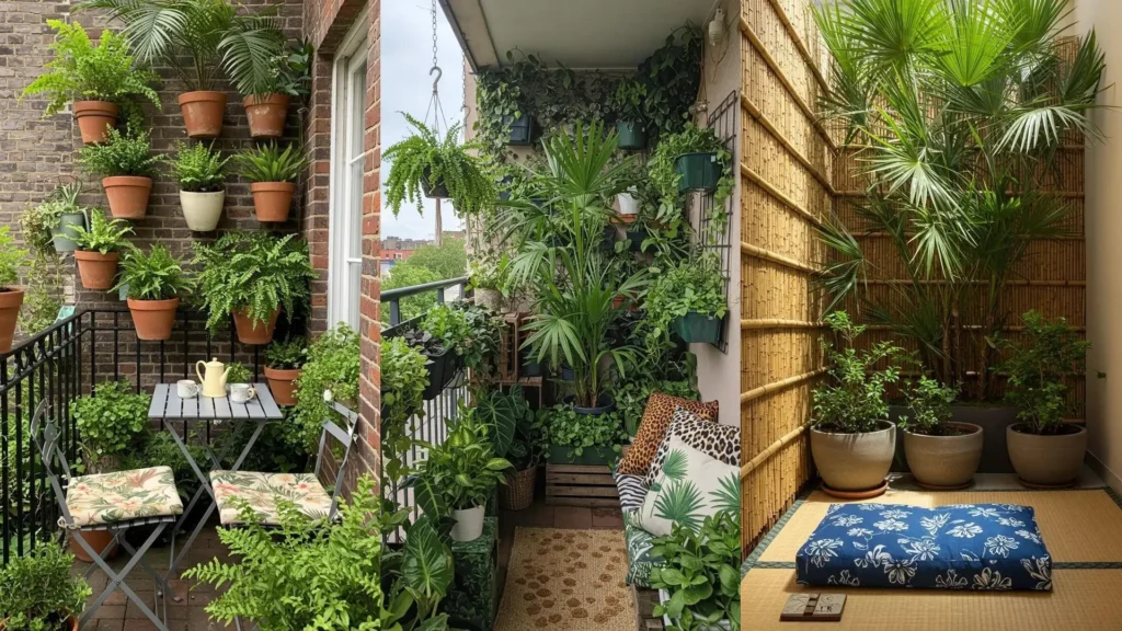 Compact balcony jungle featuring palm fronds, layered potted plants, and tropical print decor for urban gardening.
