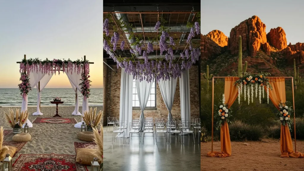 Diverse ethereal wedding canopies, featuring lush wisteria, blooming florals, and elegant sheer drapery.