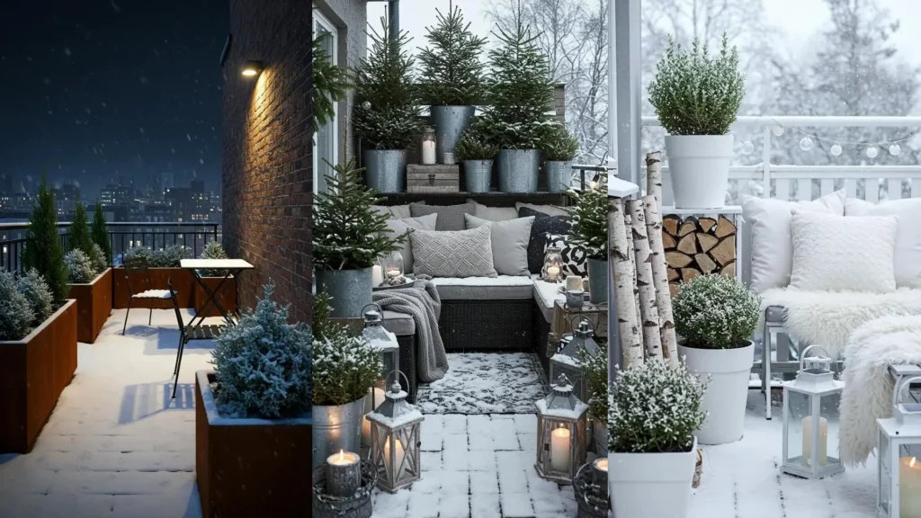 Cozy snowy balcony with evergreen plants in frost-resistant planters, soft snowy textures, and outdoor styling.