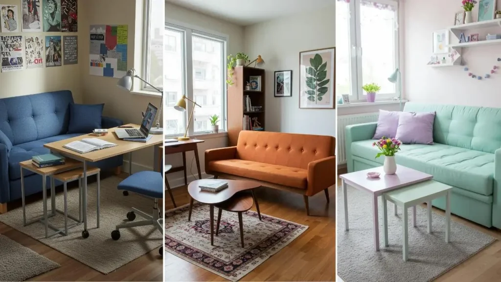 Examples of small spaces with flexible furniture like sleeper sofas, nesting tables, and mobile desks.