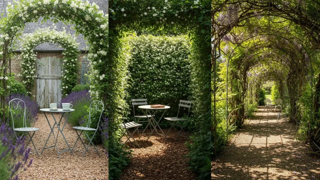 Charming cottage garden corners with vintage metal bistro tables under jasmine-draped arches and pergolas.