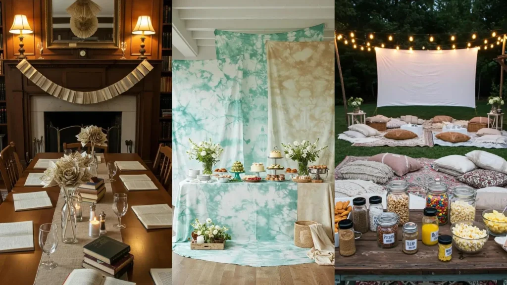 Various DIY party decorations, from book art centerpieces to outdoor movie setups, proving budget projects can look elegant.