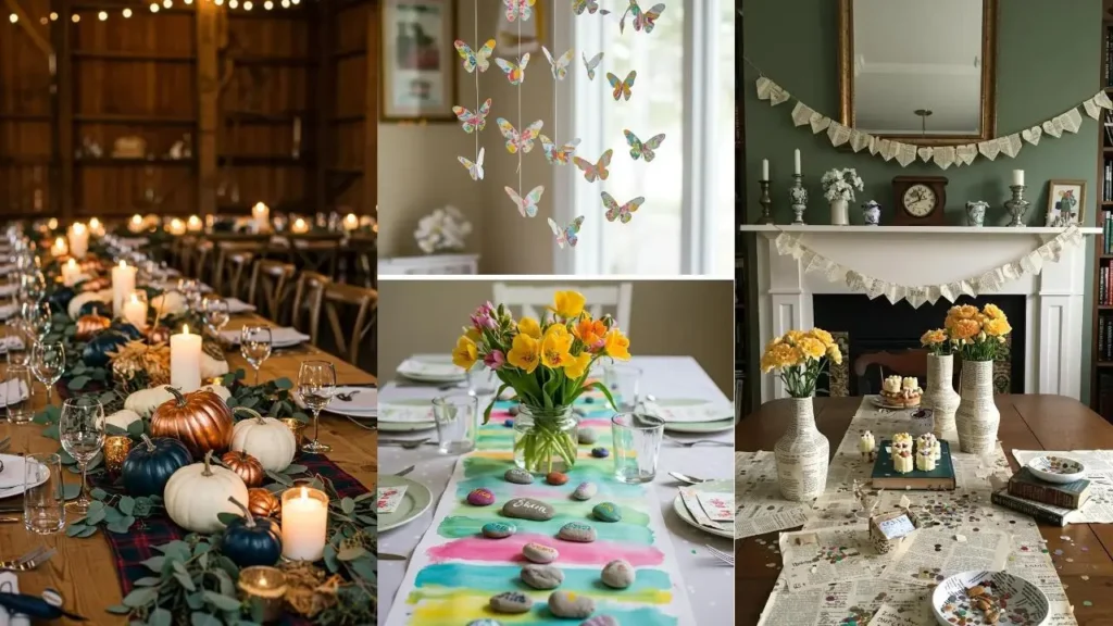 Creative low-cost DIY party decorations like a butterfly mobile, painted table runner, and book page garland.